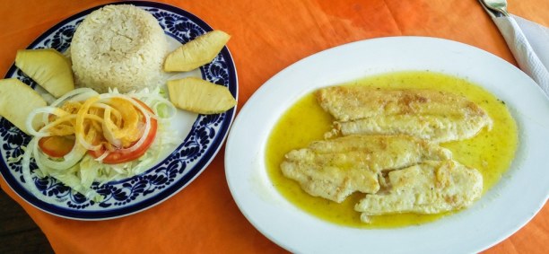 Langzeiturlaub Kolumbien, Kolumbien, Frischer Fisch mit Reis, Salat und Pan de Arbol